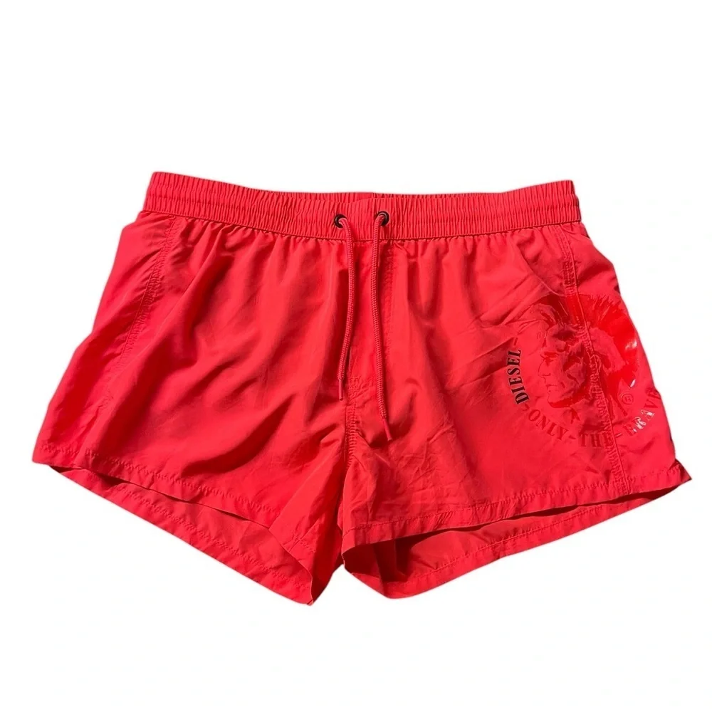 Diesel Bright Red Lined Swim Trunks With Mohican Head Size XL